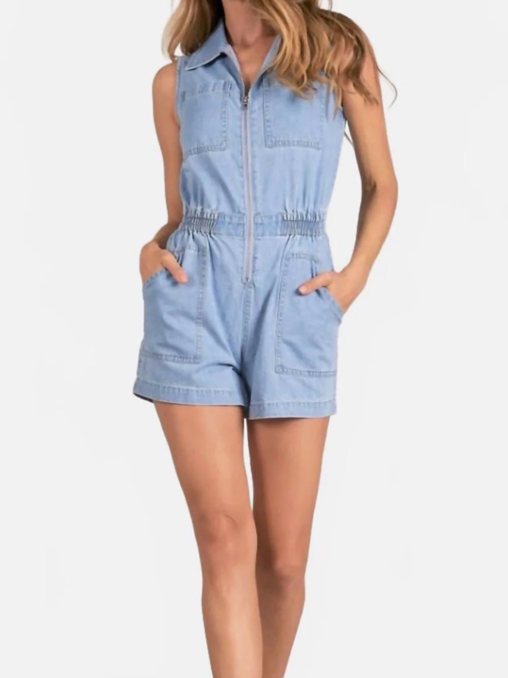 Zip Front Denim Romper In Blue